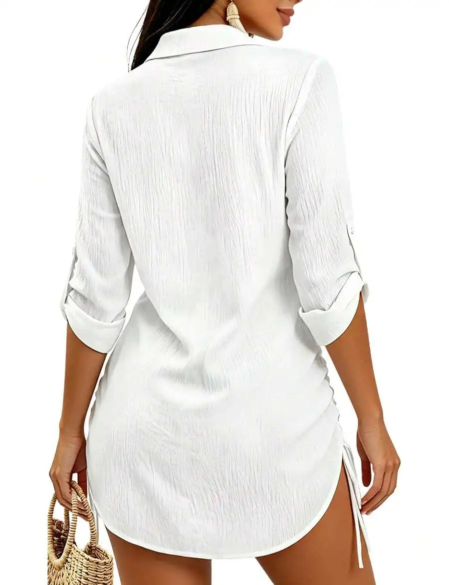 Womens White V-Neck Drawstring Cover-Up Shirt Dress For Beach Swimwear