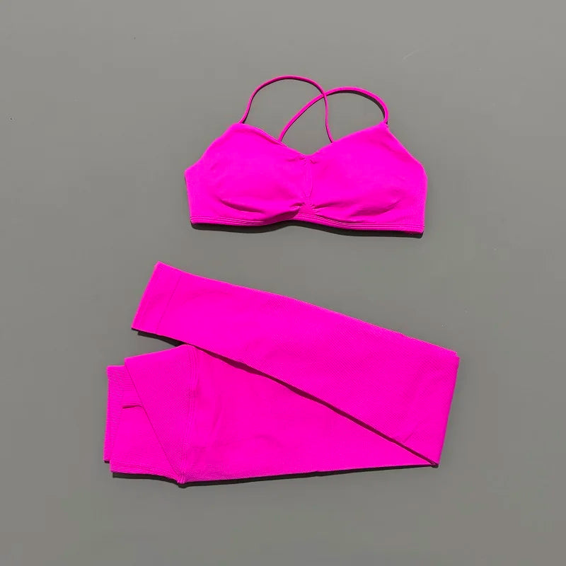 2 Piece Vision Sports Set Summer New Yoga Clothes Women Tracksuit Athletic Cross Backless Yoga Top Leggings Pilates Fitness Set