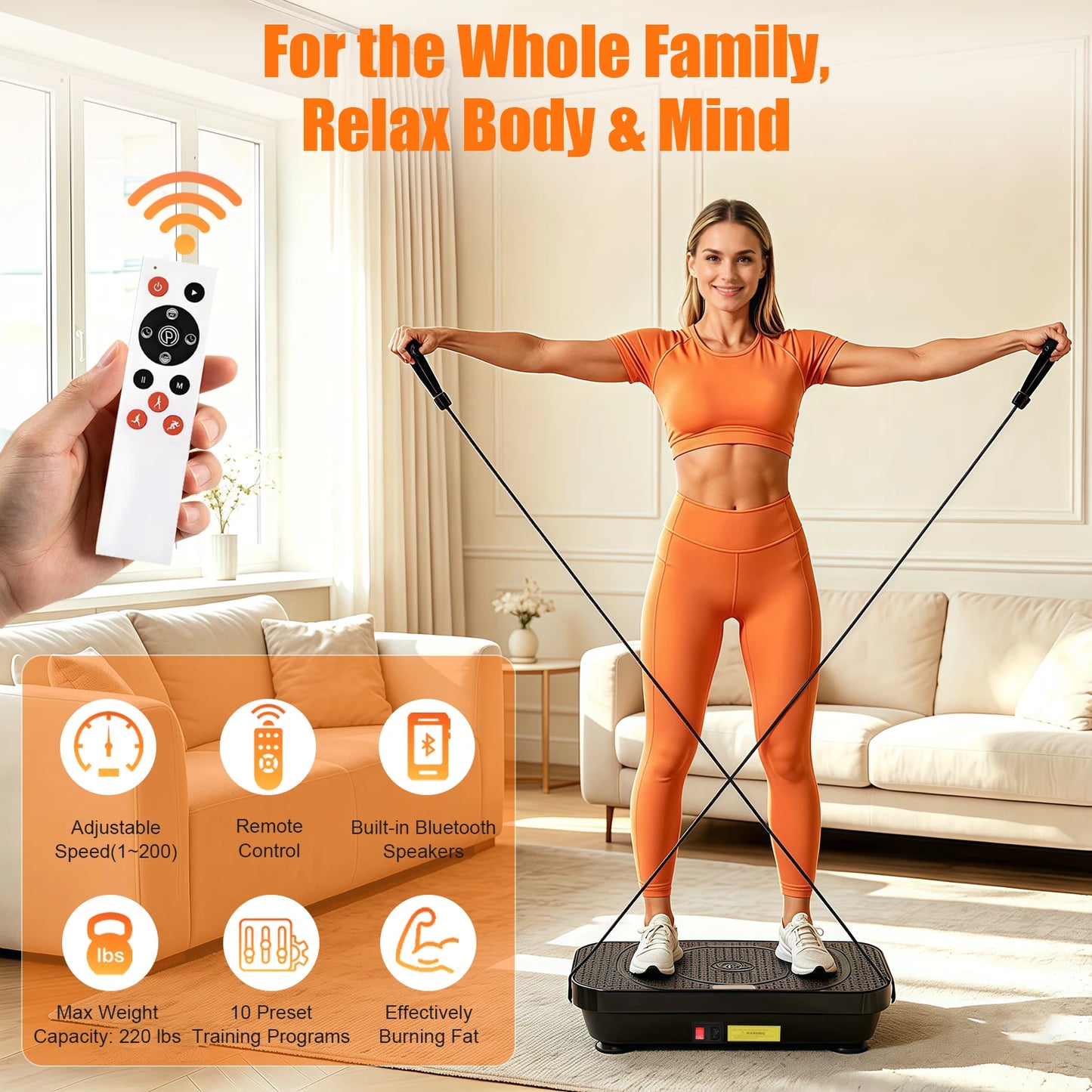 Vibration Plate Exercise Machine Home Fitness Machine Bluetooth for Weight Loss & Full Body Shaping High-Frequency for Fat Burning & Toning 10 Auto 200 Manual Speed Settings Includes Resistance Bands & Yoga Straps Shaker Adju