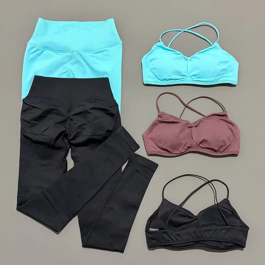 2 Piece Vision Sports Set Summer New Yoga Clothes Women Tracksuit Athletic Cross Backless Yoga Top Leggings Pilates Fitness Set