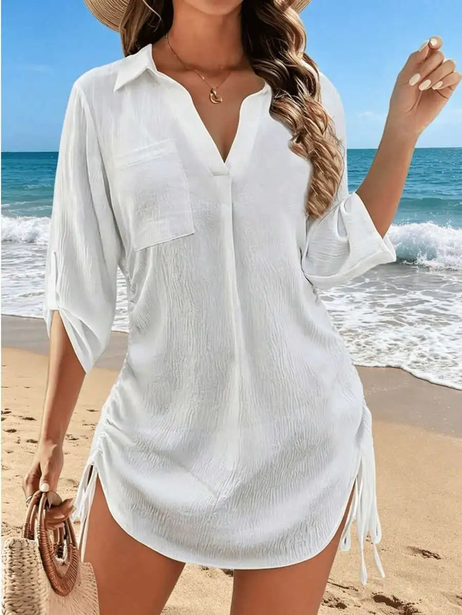 Womens White V-Neck Drawstring Cover-Up Shirt Dress For Beach Swimwear