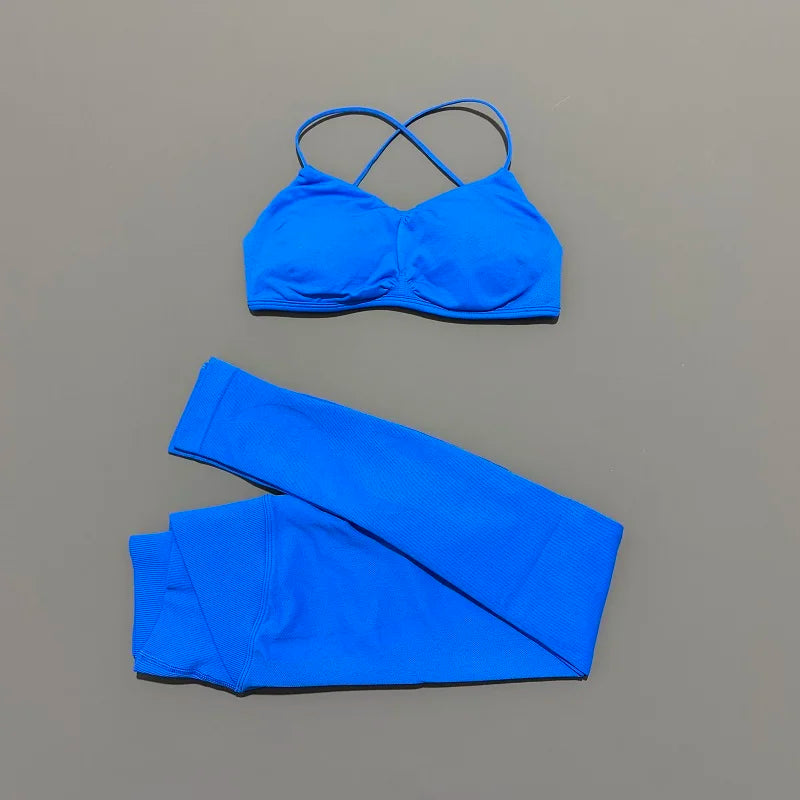 2 Piece Vision Sports Set Summer New Yoga Clothes Women Tracksuit Athletic Cross Backless Yoga Top Leggings Pilates Fitness Set