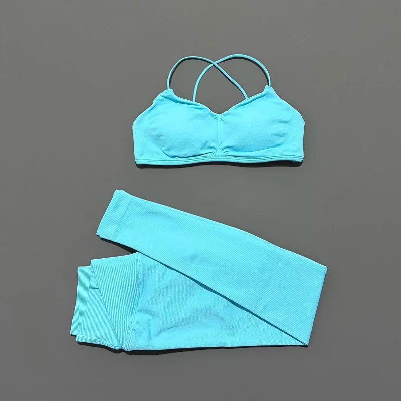 2 Piece Vision Sports Set Summer New Yoga Clothes Women Tracksuit Athletic Cross Backless Yoga Top Leggings Pilates Fitness Set