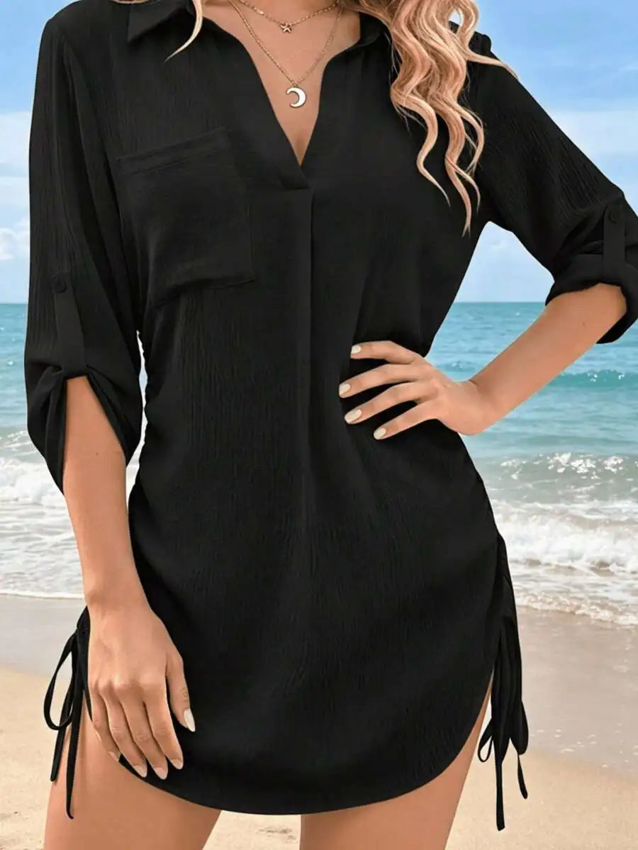 Womens White V-Neck Drawstring Cover-Up Shirt Dress For Beach Swimwear