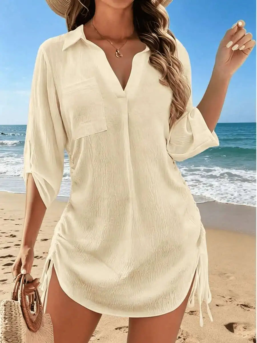 Womens White V-Neck Drawstring Cover-Up Shirt Dress For Beach Swimwear