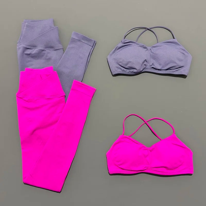 2 Piece Vision Sports Set Summer New Yoga Clothes Women Tracksuit Athletic Cross Backless Yoga Top Leggings Pilates Fitness Set