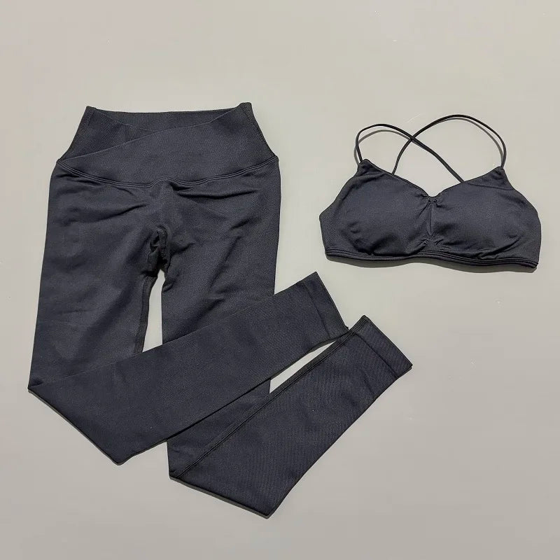 2 Piece Vision Sports Set Summer New Yoga Clothes Women Tracksuit Athletic Cross Backless Yoga Top Leggings Pilates Fitness Set
