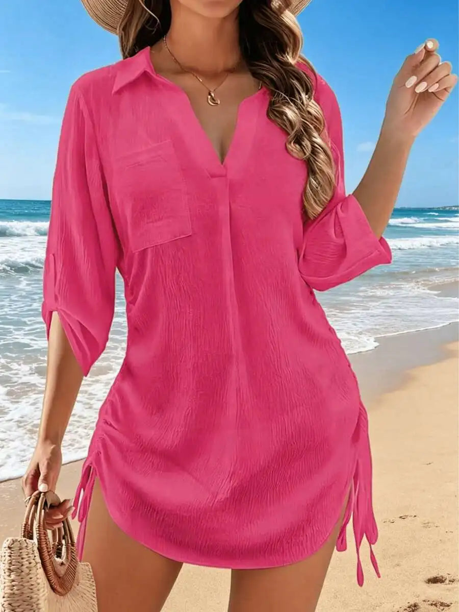 Womens White V-Neck Drawstring Cover-Up Shirt Dress For Beach Swimwear